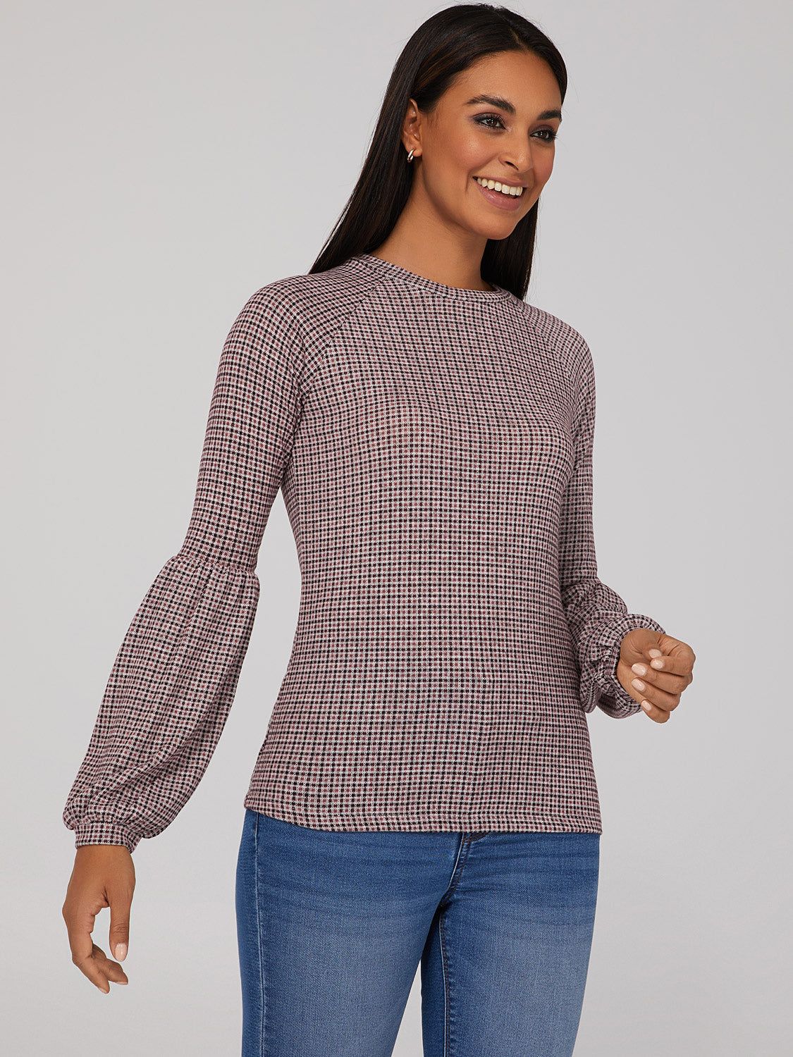 Plaid Balloon Sleeve Top sold by Suzy Shier