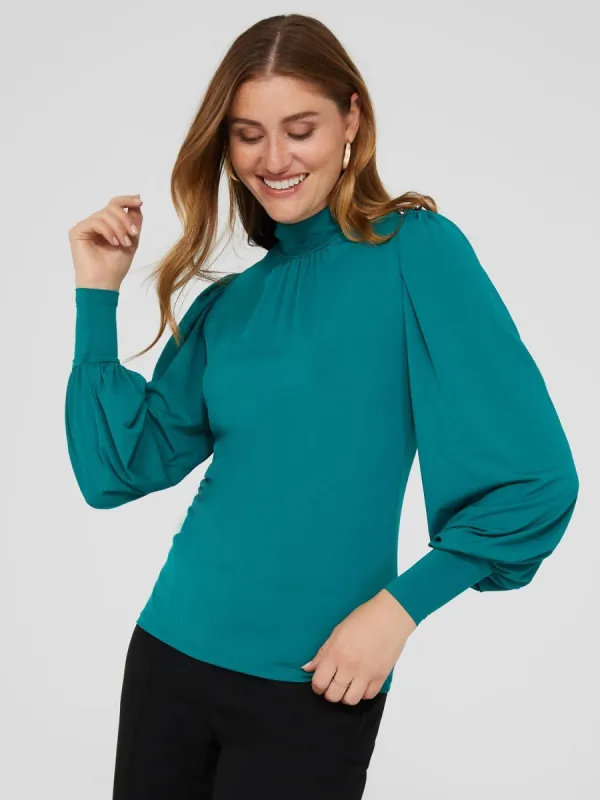 Balloon Sleeve Mock Neck Top With Rhinestone Detail sold by Suzy Shier