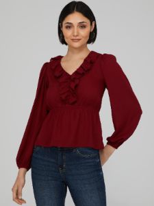 Ruffle V-Neck Peplum Blouse sold by Suzy Shier