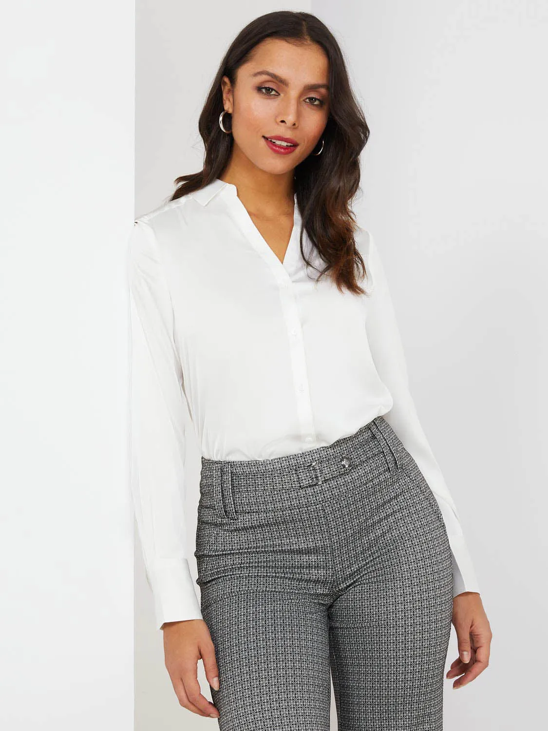 Satin Split Neck Button-Front Blouse sold by Suzy Shier