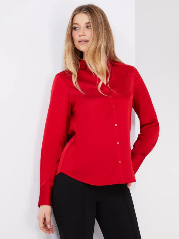 Satin Split Neck Button-Front Blouse sold by Suzy Shier