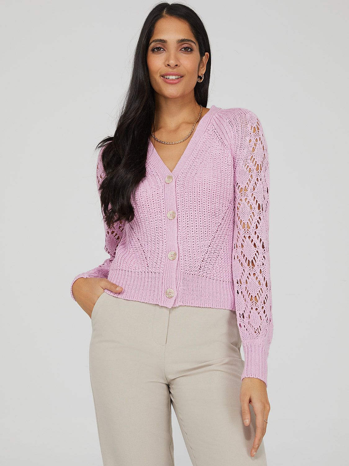 V-Neck Crochet Cardigan sold by Suzy Shier