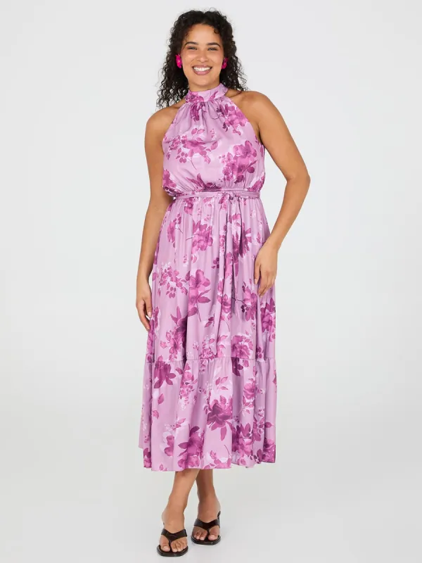 Floral Print Halter Neck Satin Maxi Dress sold by Suzy Shier