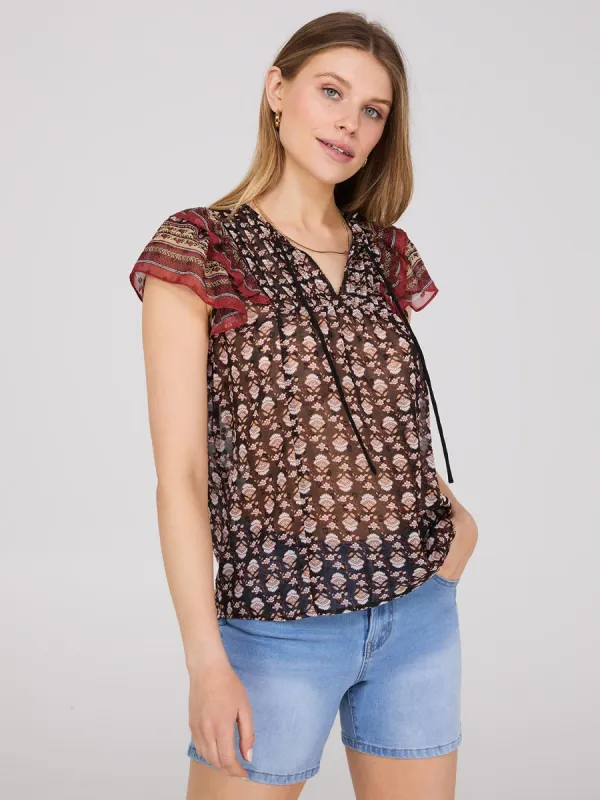 Border Print Textured Chiffon Top sold by Suzy Shier