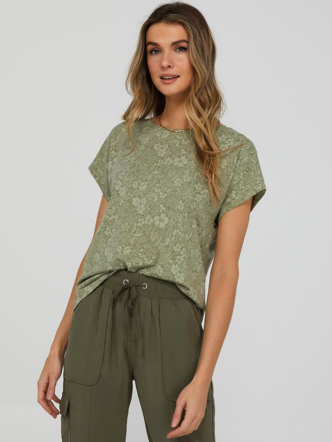 Printed Cuffed Dolman Sleeve T-Shirt sold by Suzy Shier