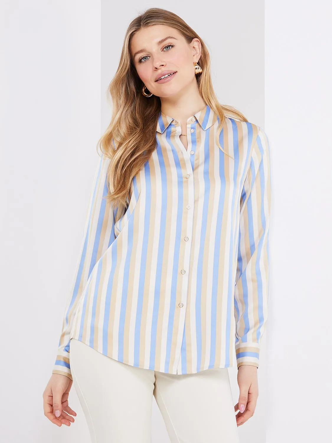 Multi Colour Striped Satin Button-Front Blouse sold by Suzy Shier