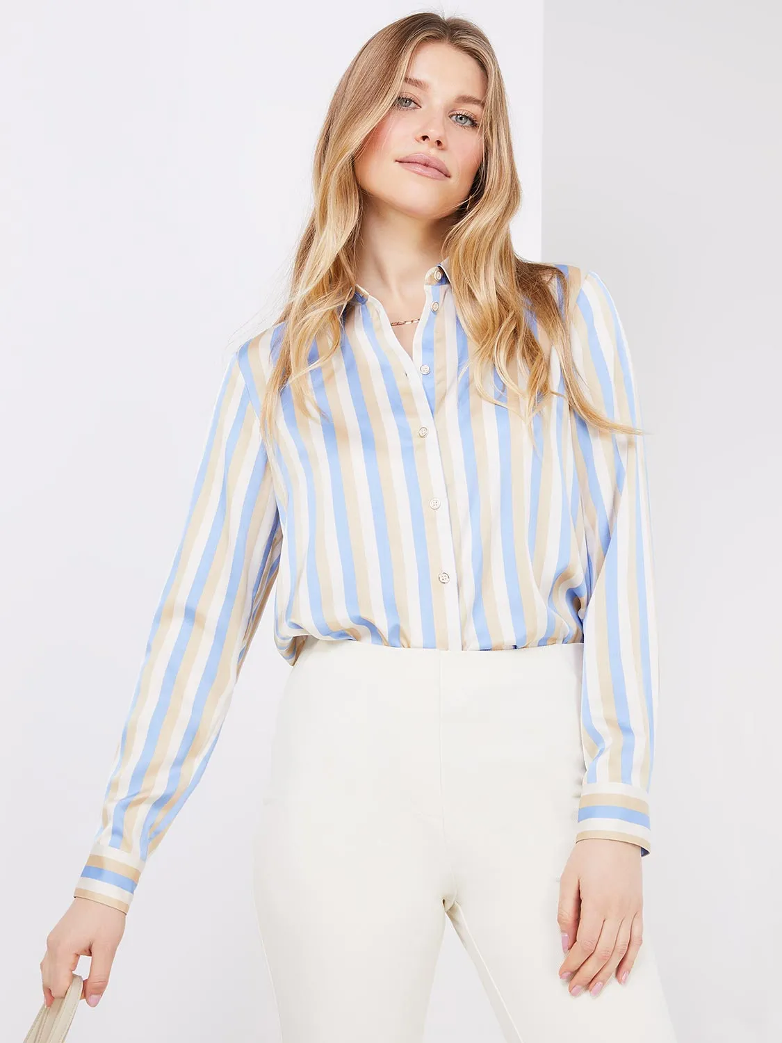 Multi Colour Striped Satin Button-Front Blouse sold by Suzy Shier product image thumbnail 3
