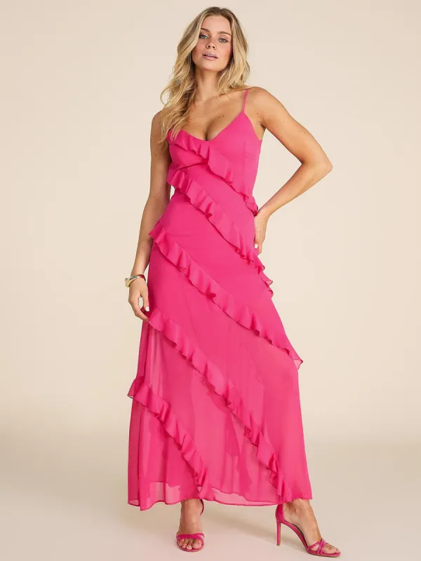 V-Neck Allover Ruffle Gown sold by Suzy Shier