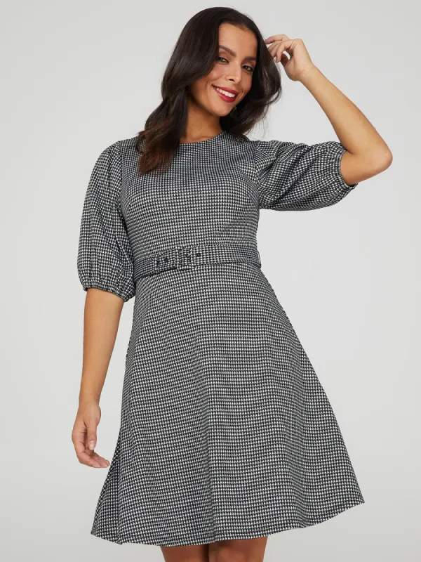 Printed Metallic Fit & Flare Belted Dress sold by Suzy Shier