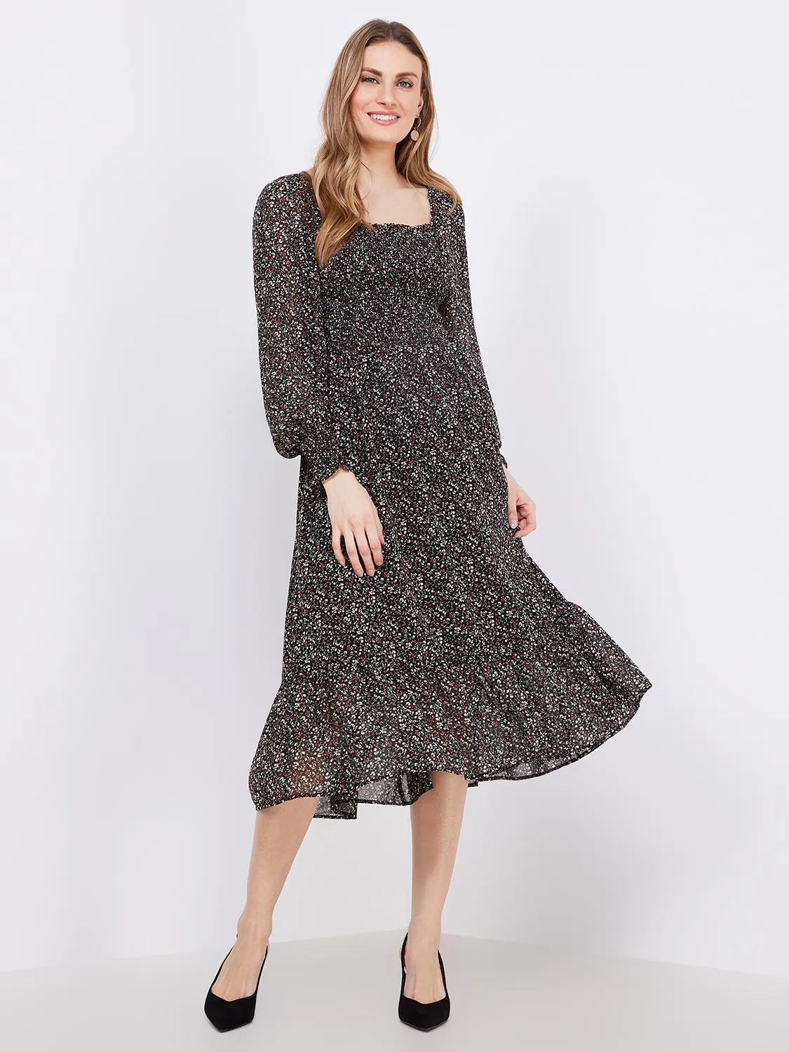 Printed Smocked Square Neck Chiffon Dress sold by Suzy Shier