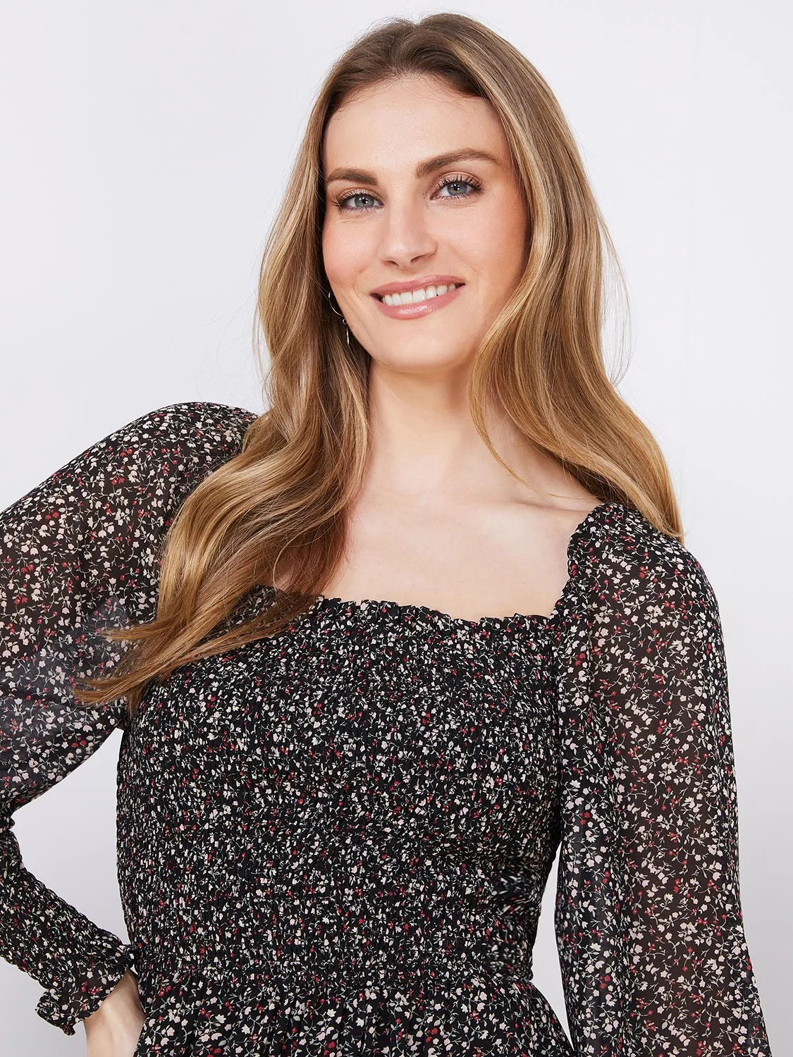 Printed Smocked Square Neck Chiffon Dress sold by Suzy Shier product image thumbnail 2