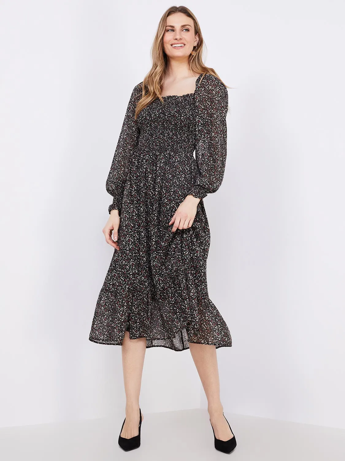 Printed Smocked Square Neck Chiffon Dress sold by Suzy Shier product image thumbnail 3