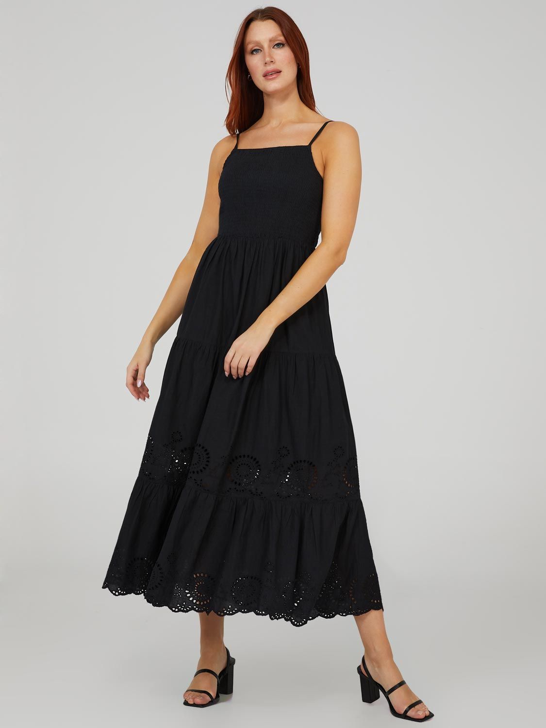 Smocked 3-Tier Maxi Dress With Eyelet Detail sold by Suzy Shier