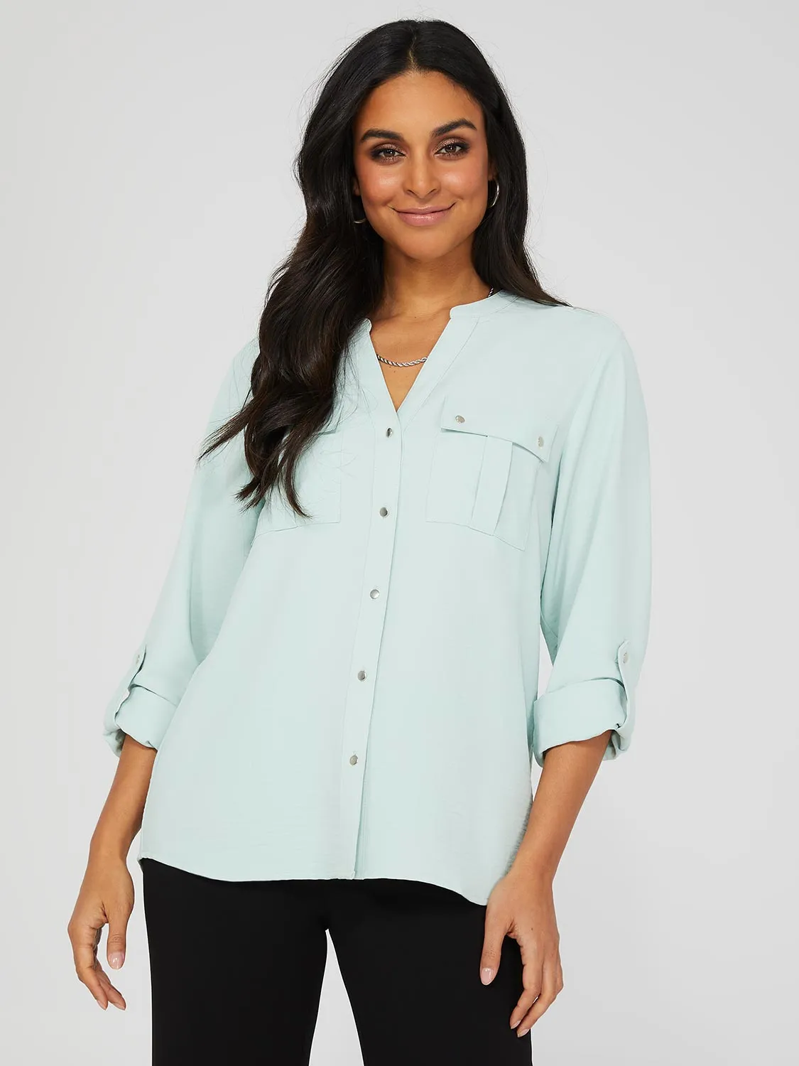 Textured Split Neck Blouse With Shoulder Tabs sold by Suzy Shier