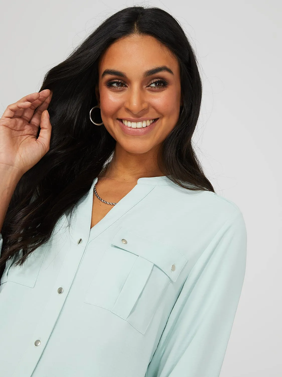 Textured Split Neck Blouse With Shoulder Tabs sold by Suzy Shier product image thumbnail 2