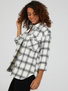 Plaid Button-Down Shacket sold by Suzy Shier