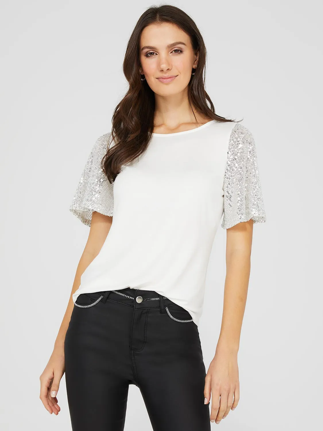 Sequin Flutter Sleeve Crew Neck Top sold by Suzy Shier product image thumbnail 3