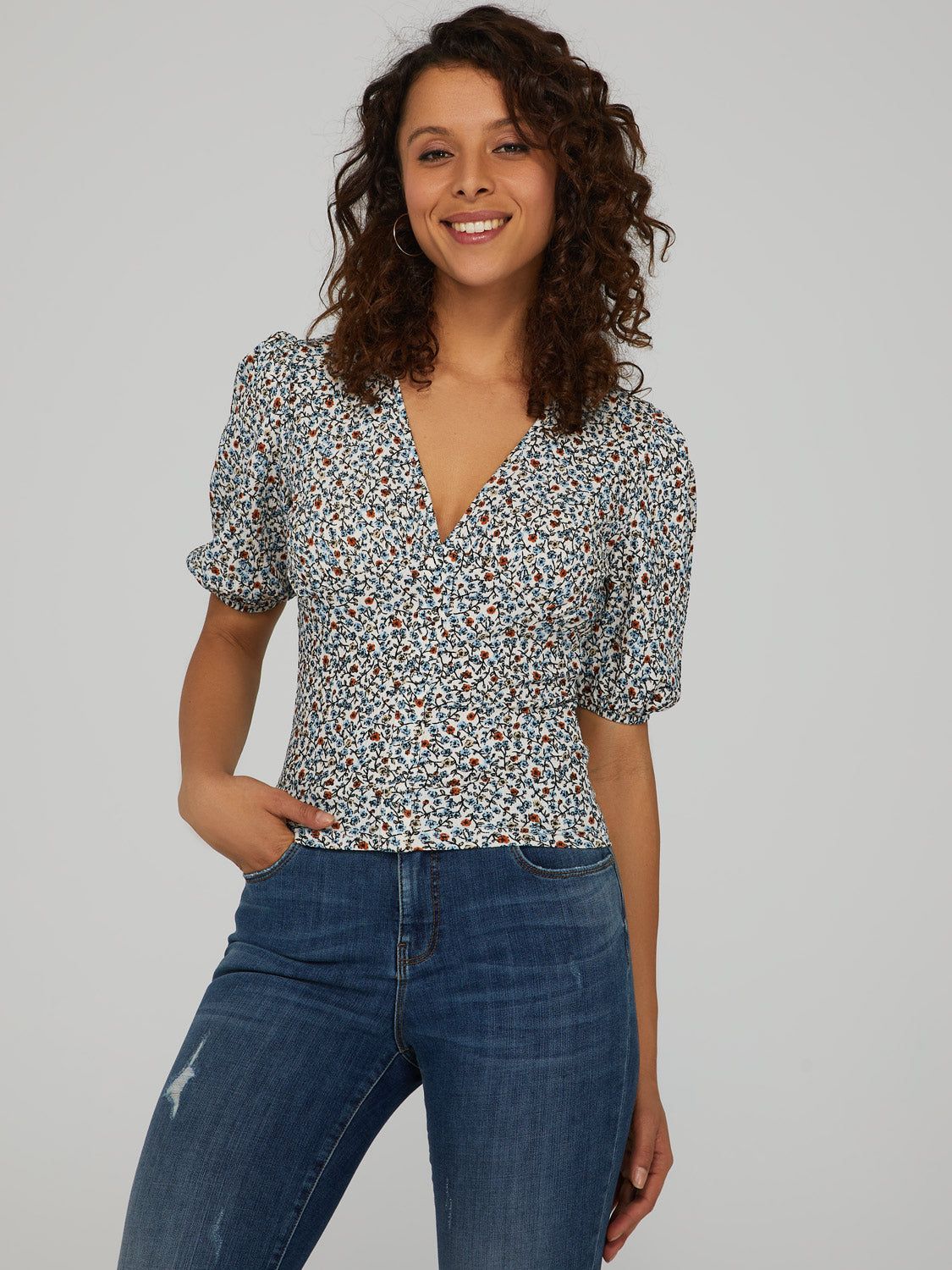 Printed Puff Sleeve V-Neck Top sold by Suzy Shier