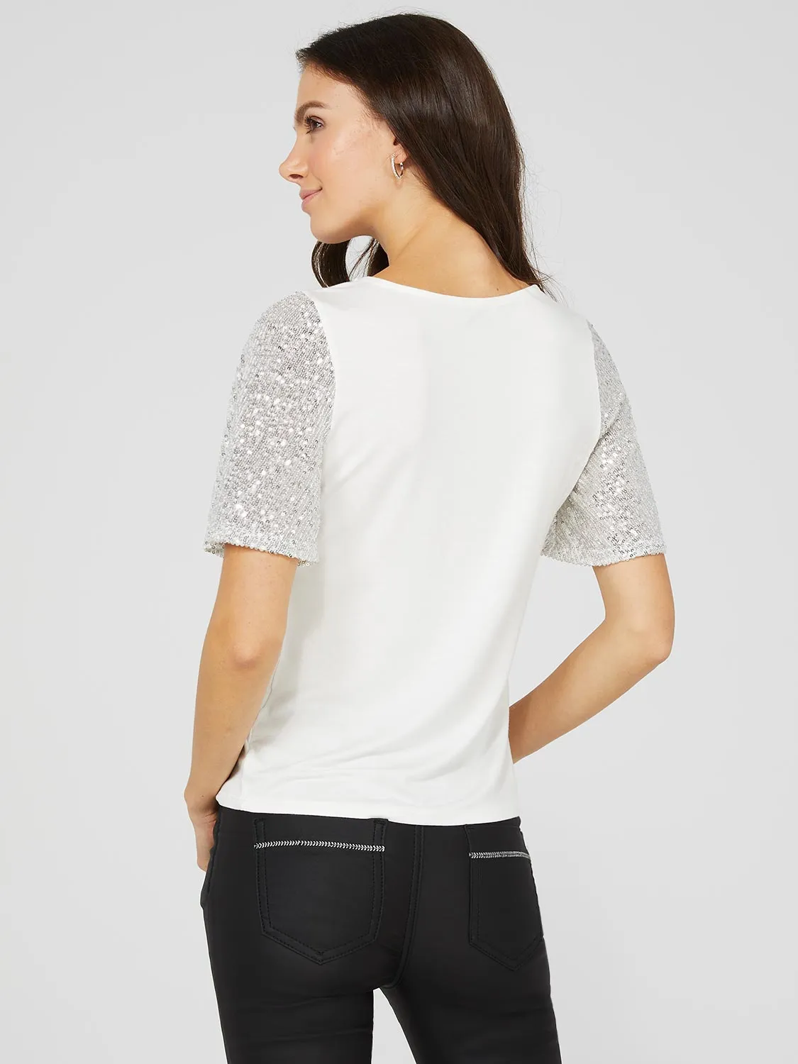 Sequin Flutter Sleeve Crew Neck Top sold by Suzy Shier product image thumbnail 5