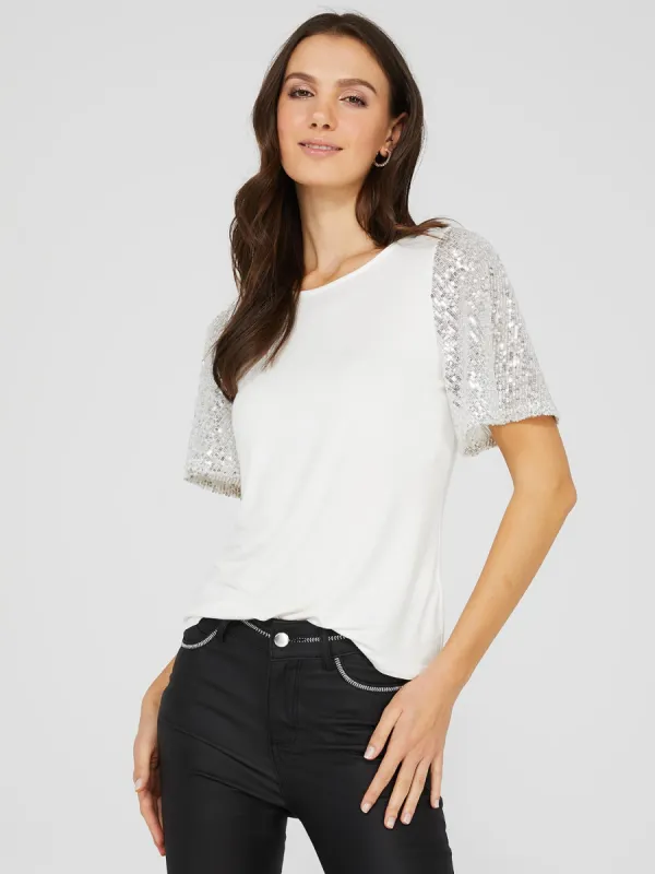 Sequin Flutter Sleeve Crew Neck Top sold by Suzy Shier