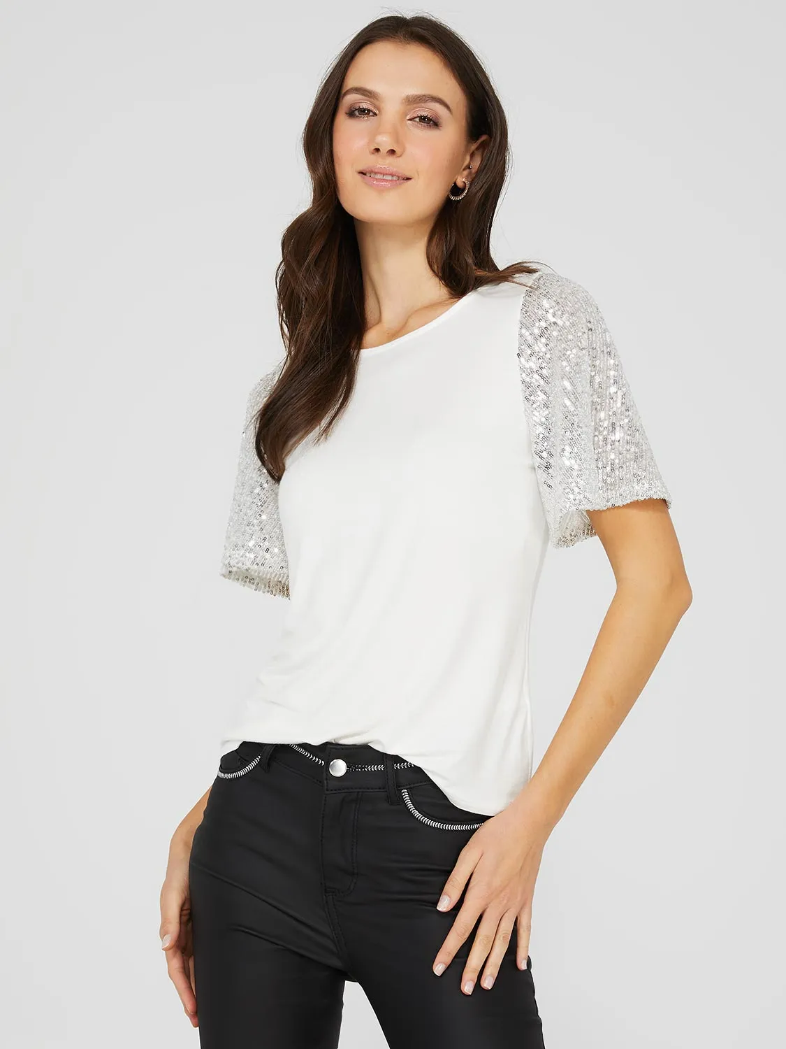 Sequin Flutter Sleeve Crew Neck Top sold by Suzy Shier