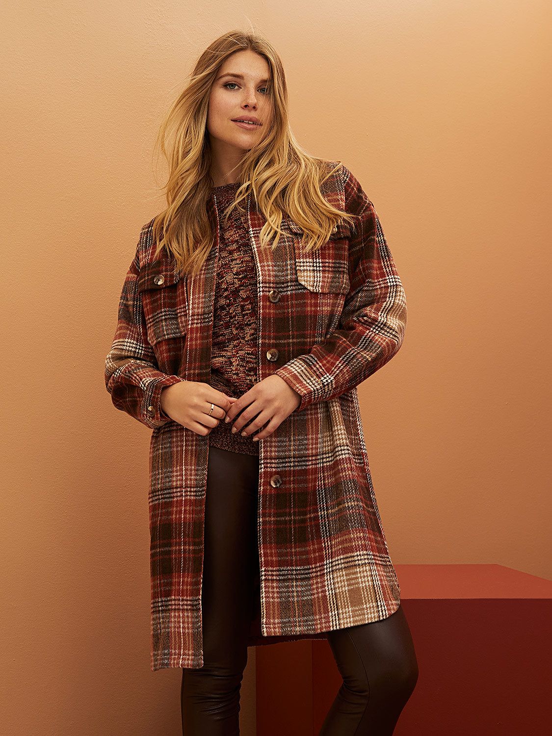 Long Plaid Shacket With Flap Pockets sold by Suzy Shier