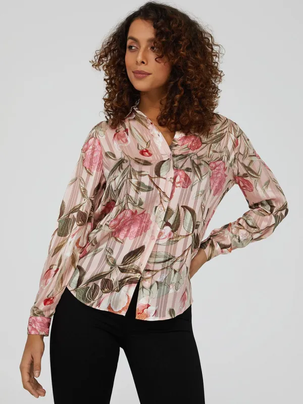 Printed Shadow Stripe Button Down Blouse sold by Suzy Shier