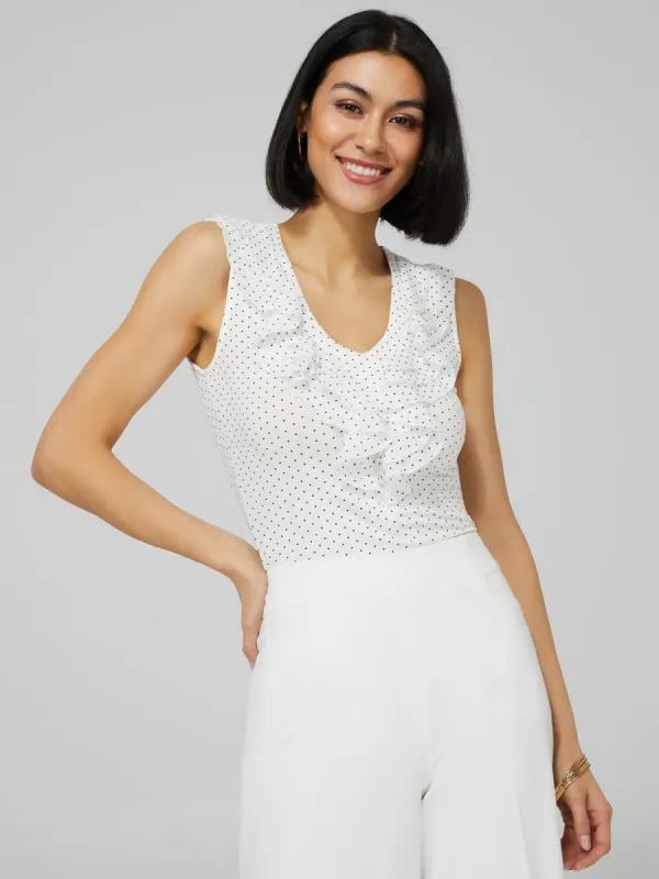 Polka Dot Sleeveless Top With Chiffon Ruffle Detail sold by Suzy Shier