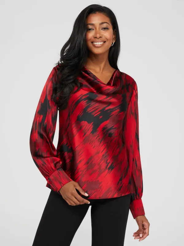 Abstract Print Satin Cowl Neck Blouse sold by Suzy Shier