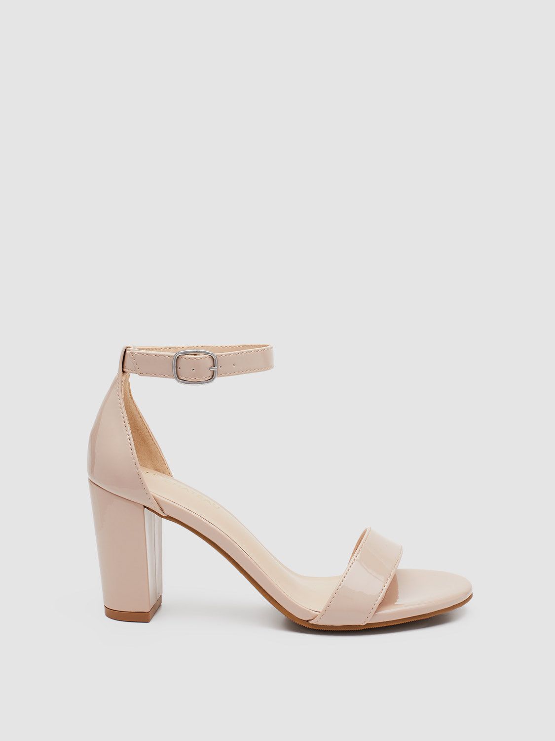 Patent Faux Leather Round Toe Block Heel Sandal sold by Suzy Shier