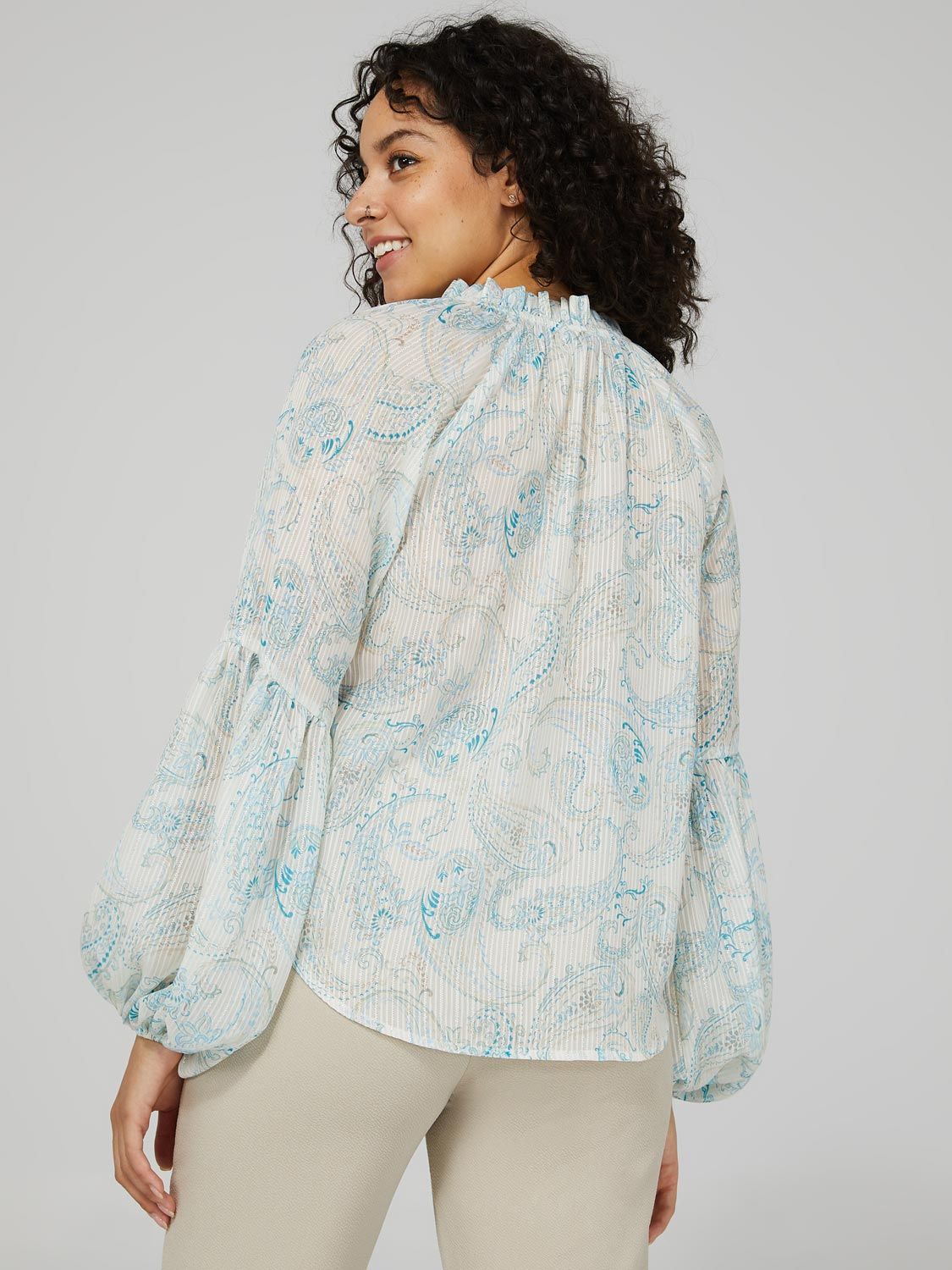 Paisley Print Shadow Stripe Blouse With Bell Sleeves sold by Suzy Shier product image thumbnail 4