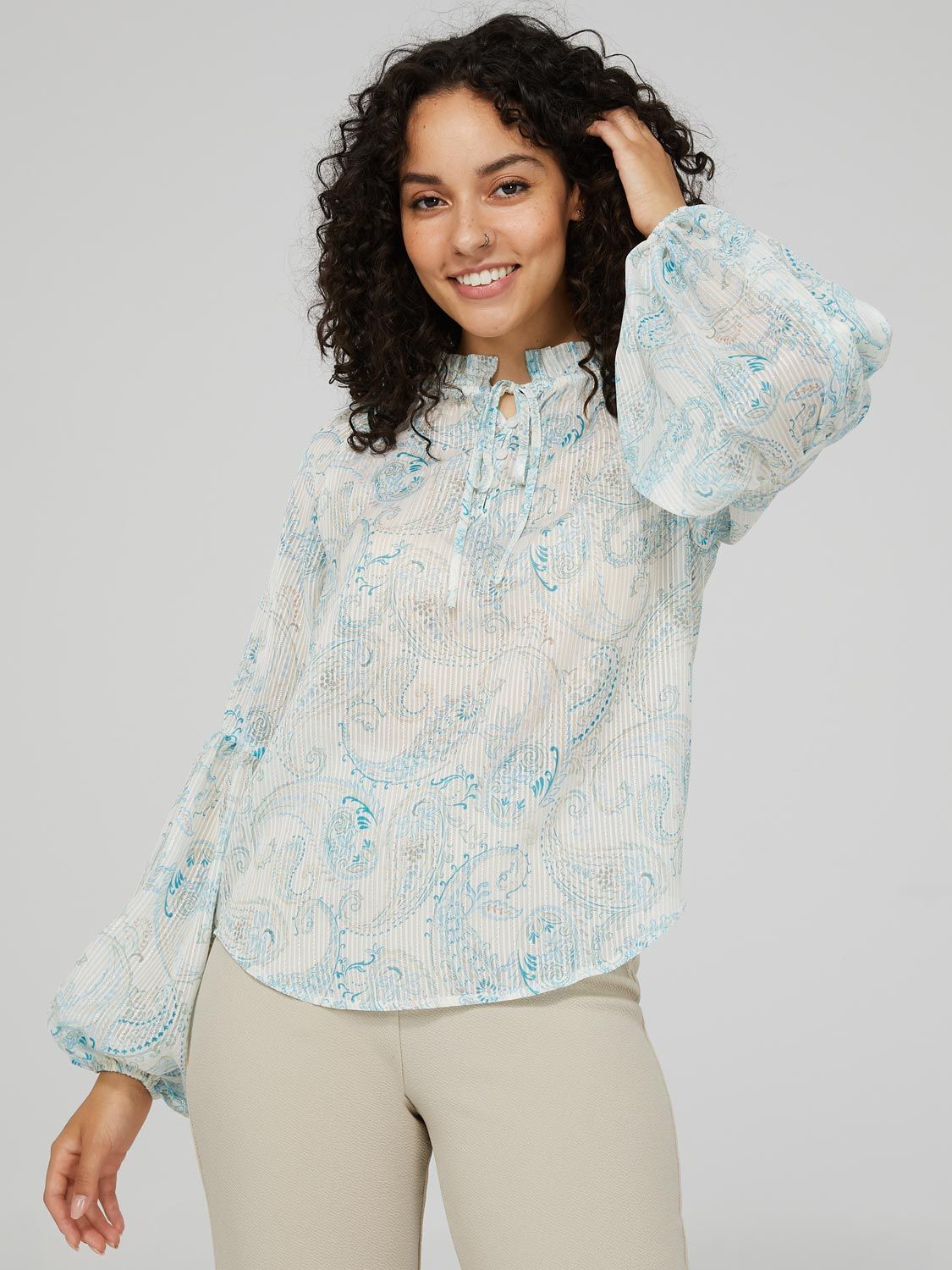Paisley Print Shadow Stripe Blouse With Bell Sleeves sold by Suzy Shier
