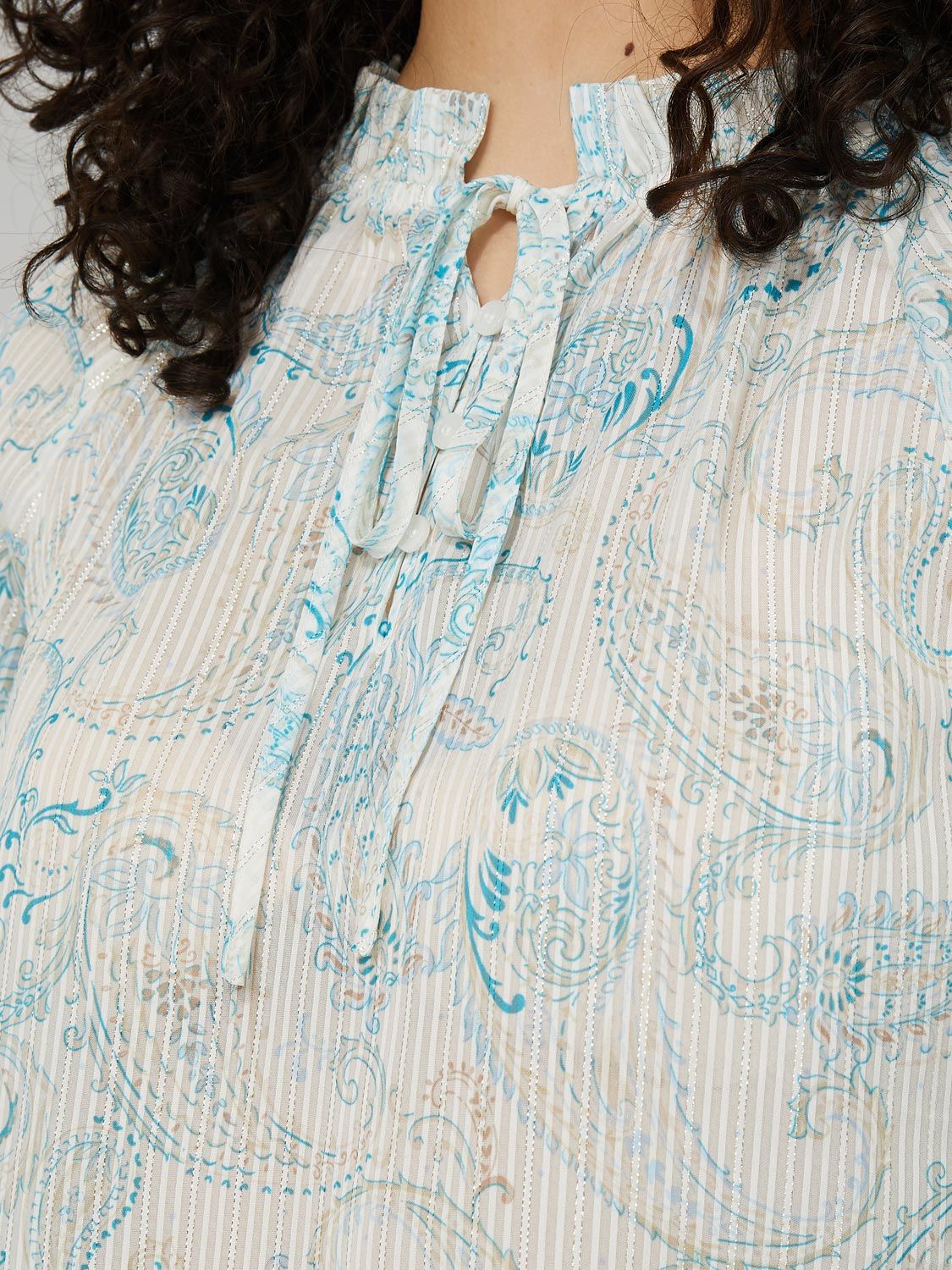 Paisley Print Shadow Stripe Blouse With Bell Sleeves sold by Suzy Shier product image thumbnail 5