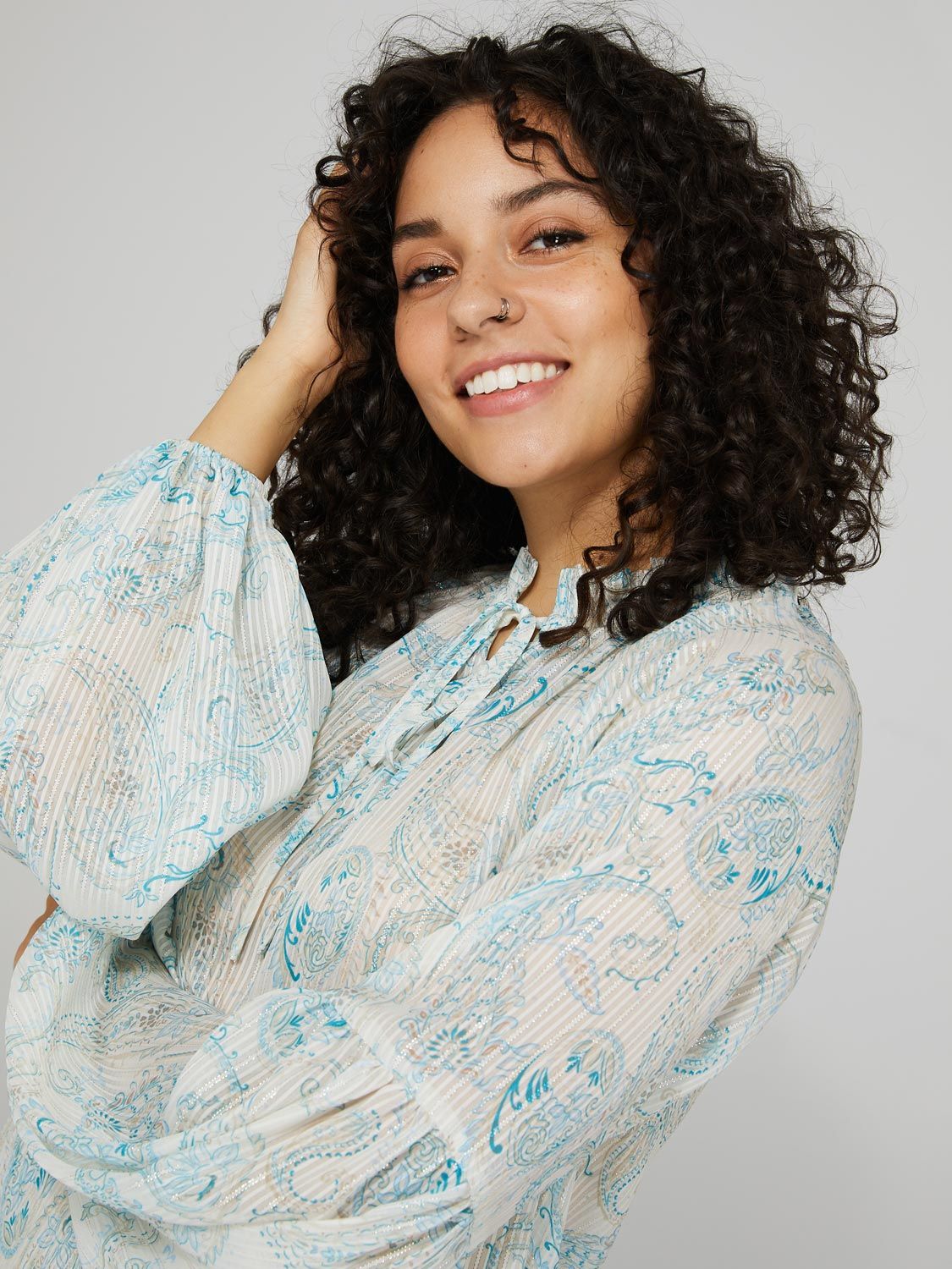 Paisley Print Shadow Stripe Blouse With Bell Sleeves sold by Suzy Shier product image thumbnail 2