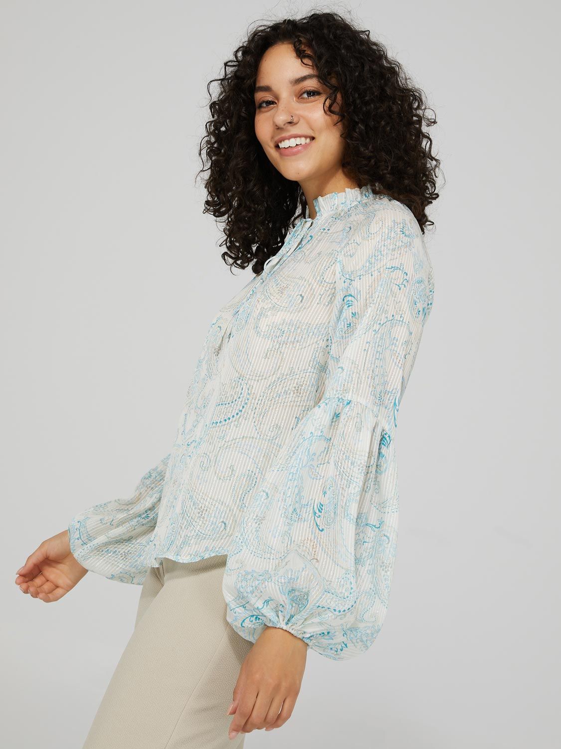 Paisley Print Shadow Stripe Blouse With Bell Sleeves sold by Suzy Shier product image thumbnail 3