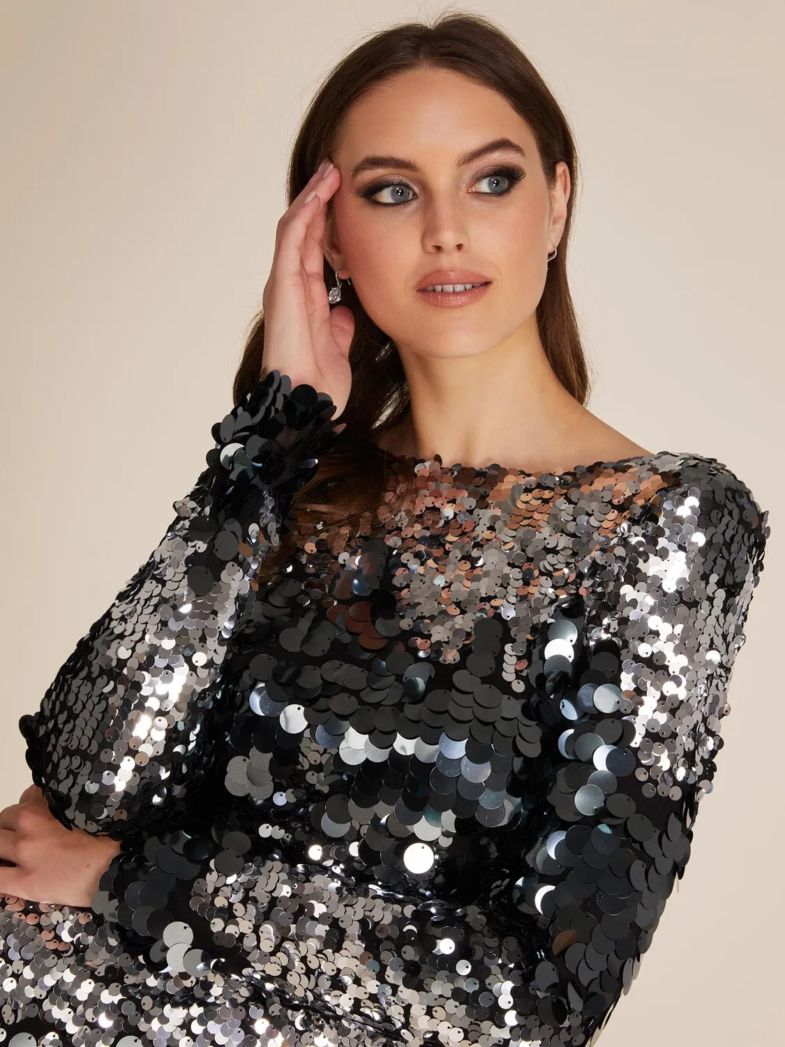 Long Sleeve Allover Sequin Knee Length Dress sold by Suzy Shier product image thumbnail 4