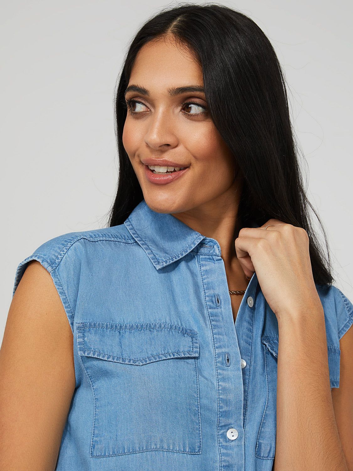 Sleeveless Denim Chambray Button-Front Dress sold by Suzy Shier product image thumbnail 6