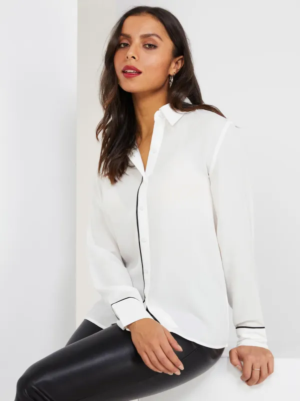 Button-Front Blouse With Contrast Piping sold by Suzy Shier