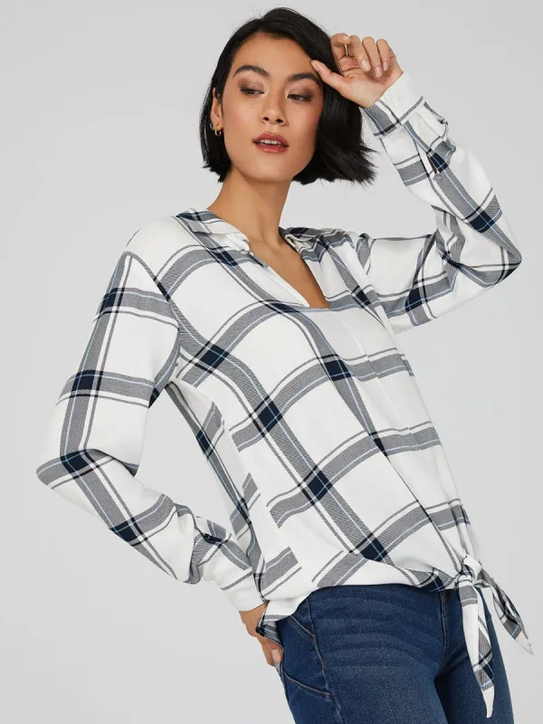 Plaid Crossover Self-Tie Blouse sold by Suzy Shier