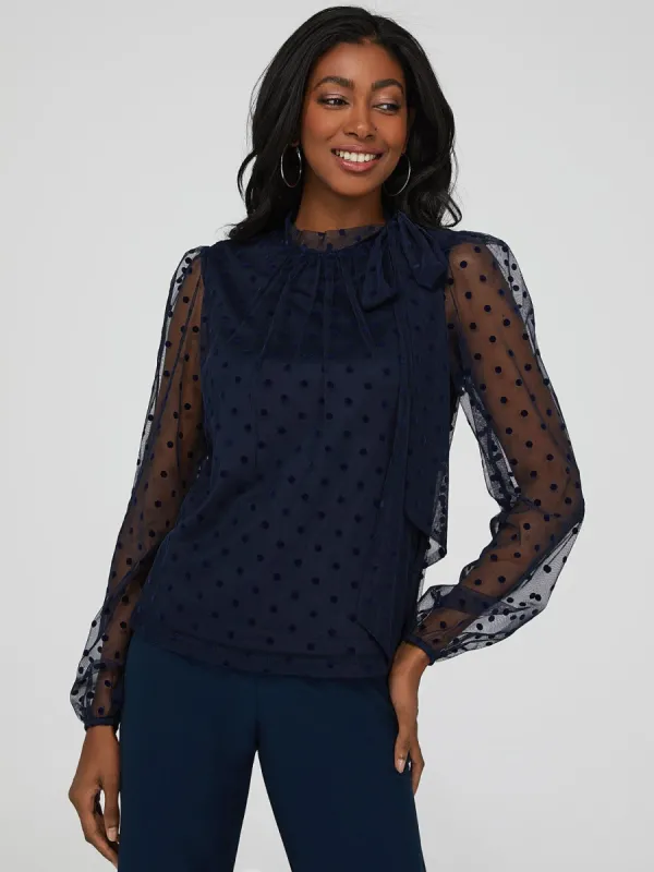 Flocked Dot Mesh Tie Neck Top sold by Suzy Shier