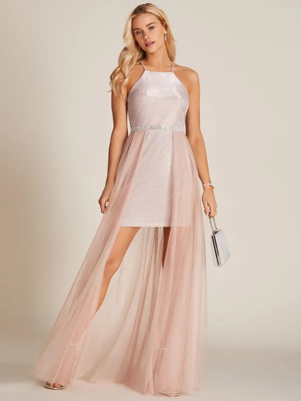 Halter Metallic Knit Mini Dress With Maxi Tulle Skirt Overlay sold by Suzy Shier