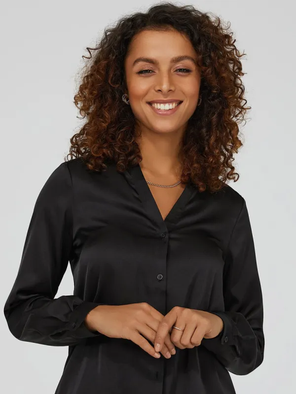 Long Sleeve Split Neck Satin Blouse sold by Suzy Shier