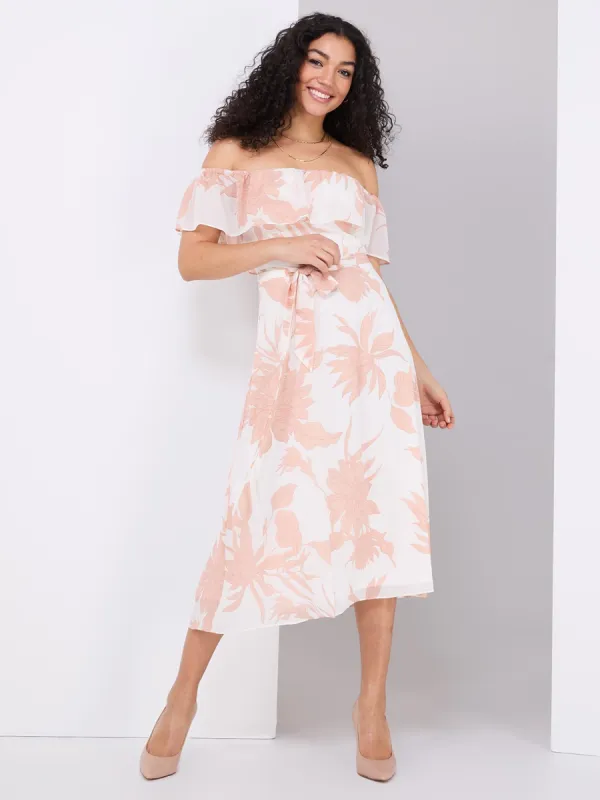 Floral Print Off-The-Shoulder Chiffon Midi Dress sold by Suzy Shier