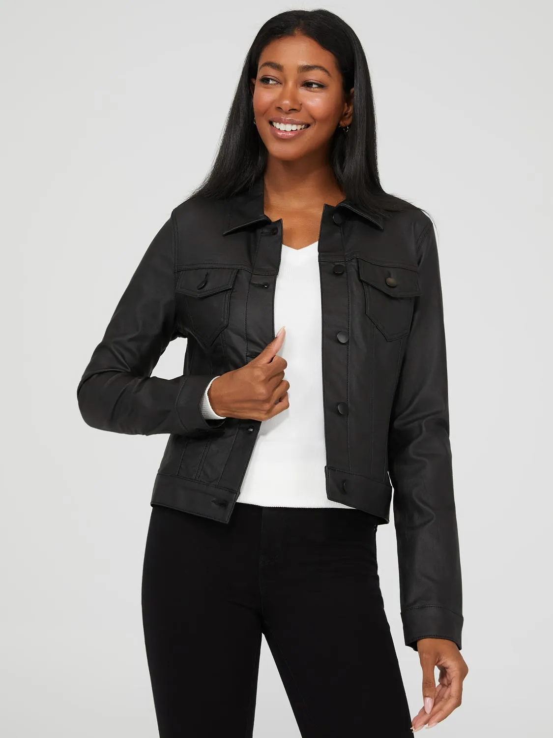 Cropped Coated Denim Jacket sold by Suzy Shier