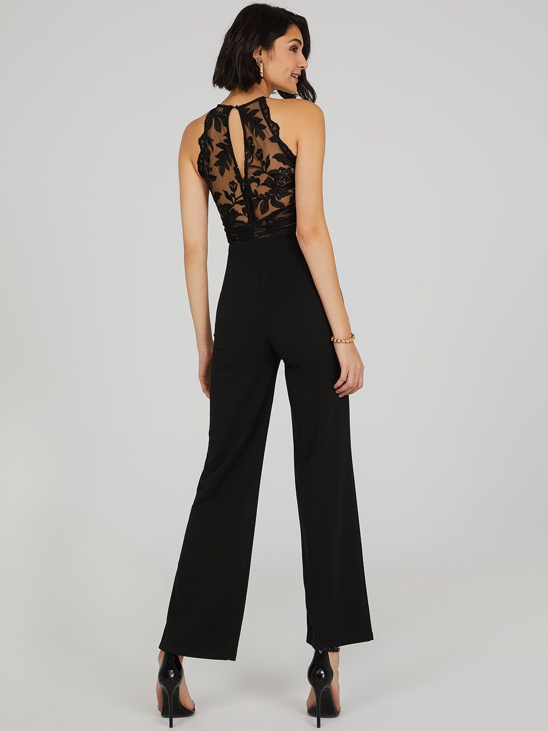 Wide Leg Illusion Mesh Floral Halter Jumpsuit sold by Suzy Shier product image thumbnail 4