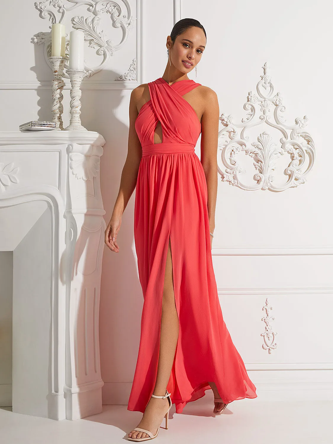 Crossover Chiffon Gown With Front Cutout sold by Suzy Shier