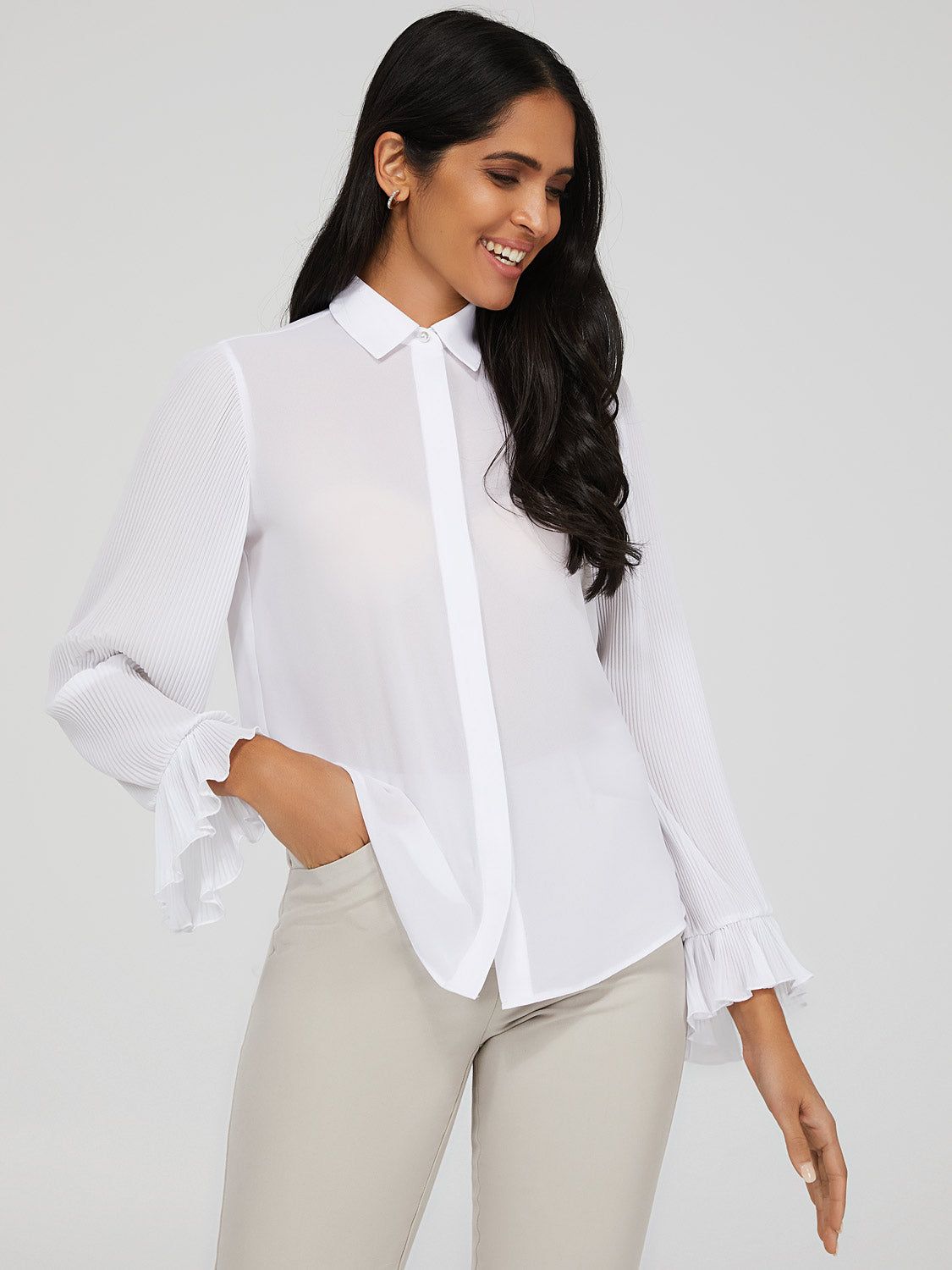 Ruffle Sleeve Button-Up Blouse sold by Suzy Shier