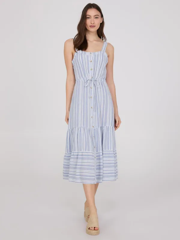 Striped Button-Front Tiered Dress sold by Suzy Shier