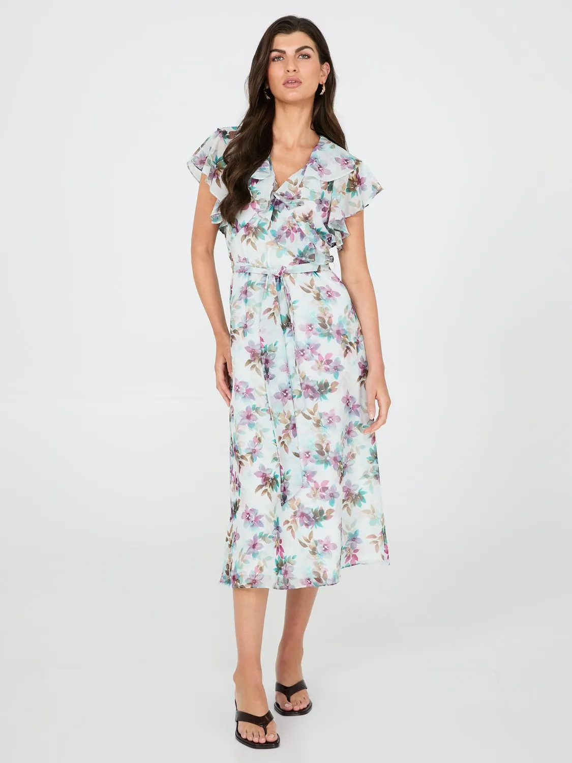 Floral Print Chiffon Midi Dress With Ruffle Details sold by Suzy Shier product image thumbnail 3
