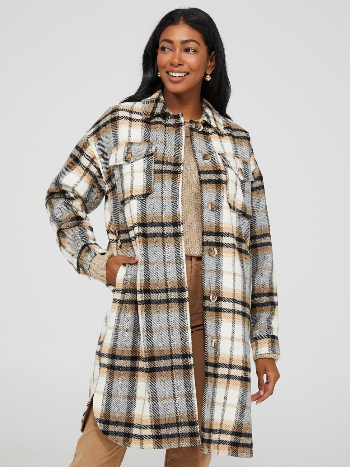 Long Plaid Shacket With Flap Pockets sold by Suzy Shier product image thumbnail 3
